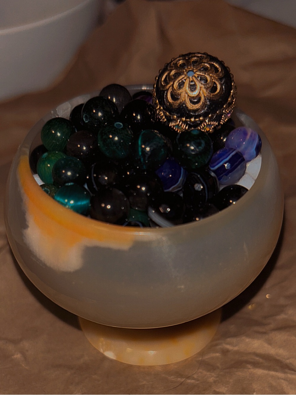 Decorative Onyx Bowl with Genuine Gemstone Beads | Obsidian Amethyst Jade